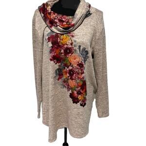 Passport womens L Cowl Neck Long Sleeve Tunic top Floral Cottagecore‎ Boho comfy